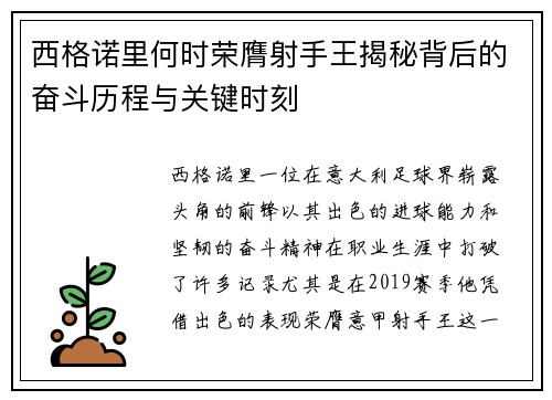 西格诺里何时荣膺射手王揭秘背后的奋斗历程与关键时刻